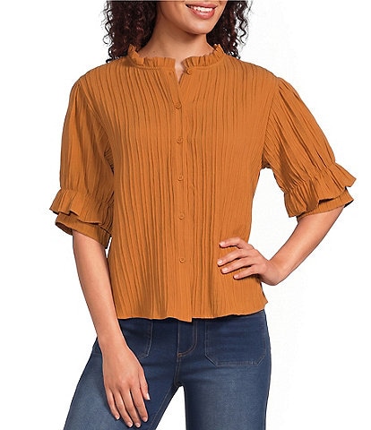 Calessa Textured Split Tie Neck Elbow Length Sleeve Button Front Tunic