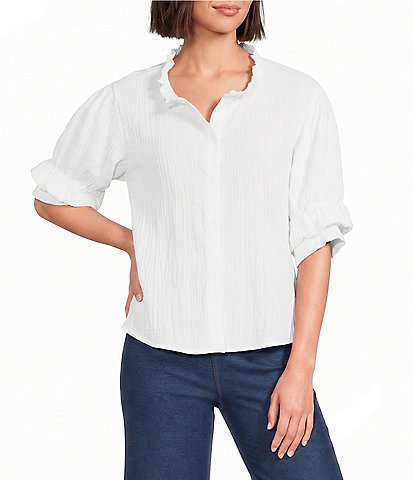 Calessa Textured Split Tie Neck Elbow Length Sleeve Button Front Tunic