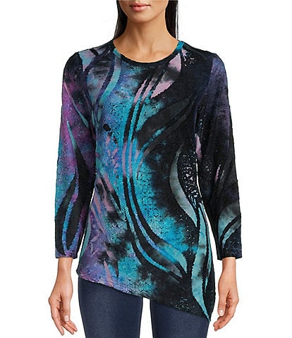 Calessa Tie-Dye Burnout Print Jewel Neck 3/4 Sleeve Asymmetric Hem Tunic