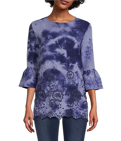 Calessa Tie Dye Print Crew Neck 3/4 Bell Sleeve Embroidered Tunic