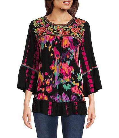 Calessa Tie Dye Woven Embroidered Detail Patchwork Print 3/4 Sleeve Tunic