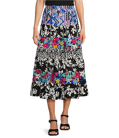 Calessa Tiered Mixed Print Pull-On Midi Skirt