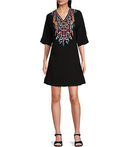 Calessa V-Neck Embroidered Patchwork Detail 3/4 Sleeve A-Line Dress