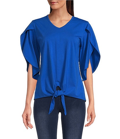 Calessa V-Neck Flowy Elbow Sleeve Tie Front Top