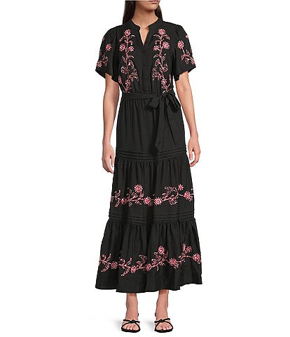 Calessa V-Neck Short Balloon Sleeve Comfort Tiered Floral Embroidered Maxi Dress