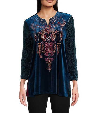 Calessa Velvet Embroidered Split Round Neck 3/4 Sleeve Tunic