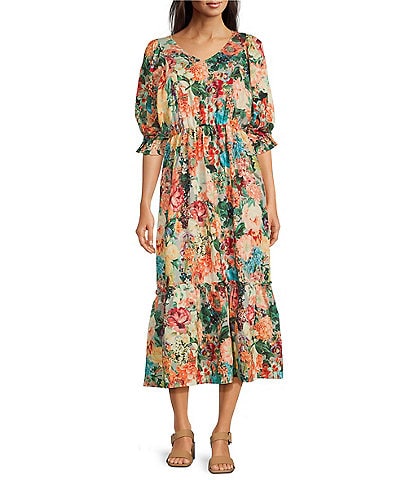 Calessa Vintage Floral V-Neck Elbow Sleeve A-Line Midi Dress