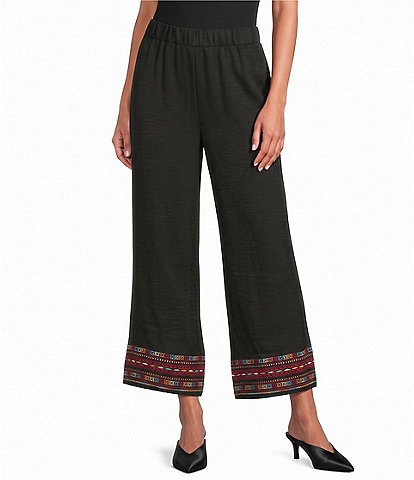 Calessa Wide Leg Embroidered Border Hem Pull-On Cropped Pants