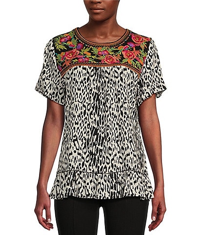 Calessa Woven Animal Print Embroidered Floral Crew Neck Short Sleeve Pullover Top