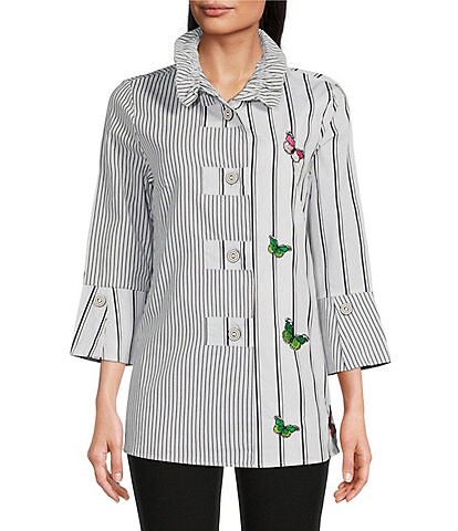 Calessa Woven Embroidered Butterfly Stripe Wire Collar Neck Long Sleeve Button Front Tunic