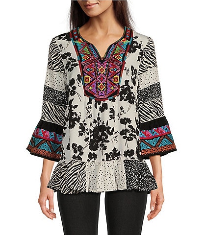 Calessa Woven Embroidered Patchwork Border Floral Print Split V Neck 3/4 Sleeve Straight Hem Pullover Tunic