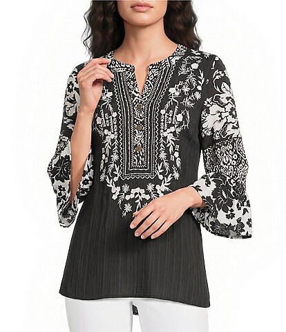 Calessa Woven Embroidered Patchwork Round Split V-Neck 3/4 Sleeve Tunic