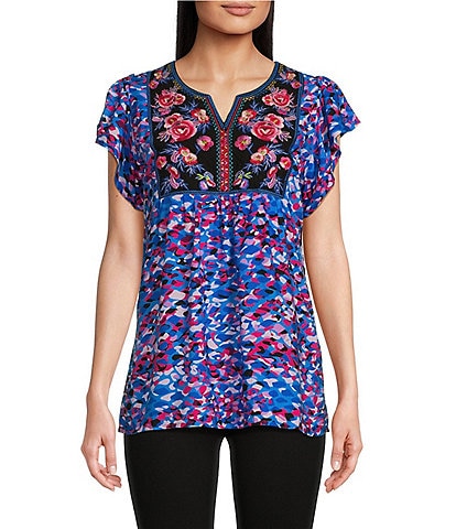 Calessa Woven Embroidered Printed Split V Neck Cap Sleeve Ruffle Shirttail Hem Pullover Top