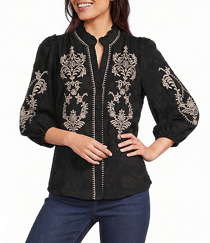 Calessa Embroidered Ruffle Split V-Neck 3/4 Sleeve Button Front Tunic
