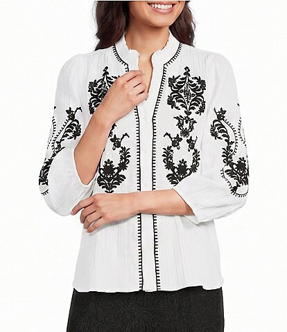 Calessa Woven Embroidered Split V-Neck Elbow Length Sleeve Button Front Tunic