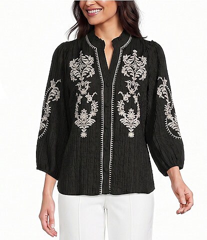 Calessa Woven Embroidered Split V-Neck Elbow Length Sleeve Button Front Tunic