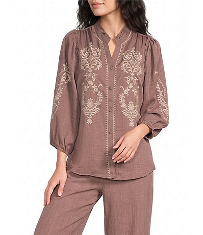 Calessa Embroidered Ruffle Split V-Neck 3/4 Sleeve Button Front Tunic