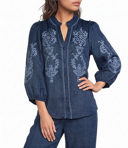 Calessa Embroidered Ruffle Split V-Neck 3/4 Sleeve Button Front Tunic