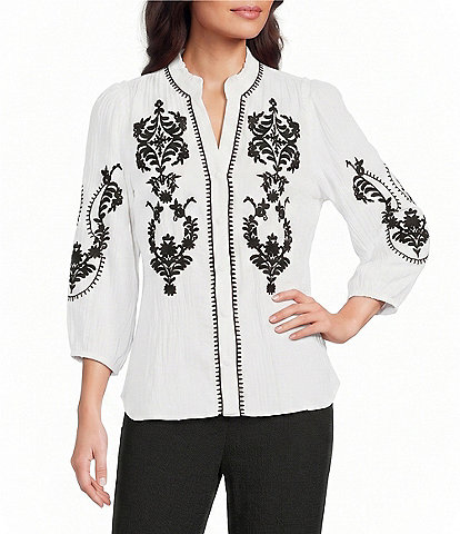 Calessa Woven Embroidered Split V-Neck Elbow Length Sleeve Button Front Tunic