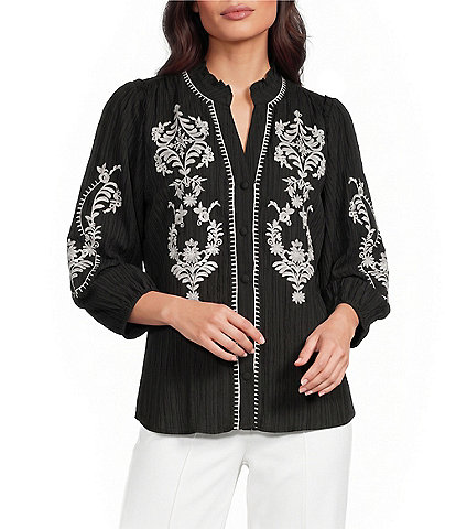 Calessa Woven Embroidered Split V-Neck Elbow Length Sleeve Button Front Tunic