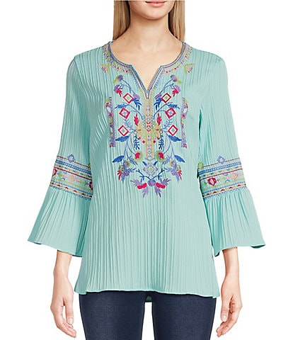 Calessa Woven Embroidered Textured Split V-Neck 3/4 Bell Sleeve Tunic
