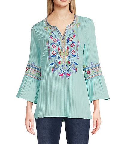 Calessa Woven Embroidered Textured Split V-Neck 3/4 Bell Sleeve Tunic