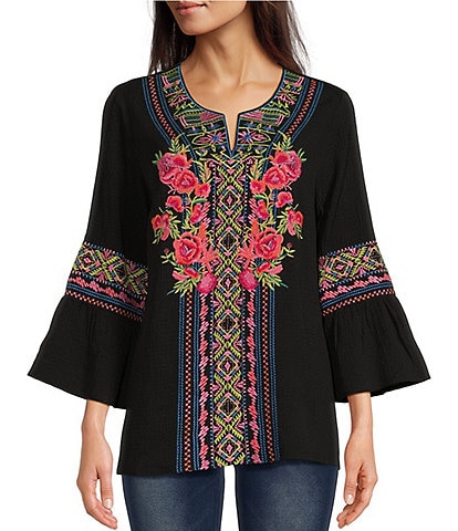 Calessa Woven Floral Embroidered Split V-Neck 3/4 Bell Sleeve Tunic
