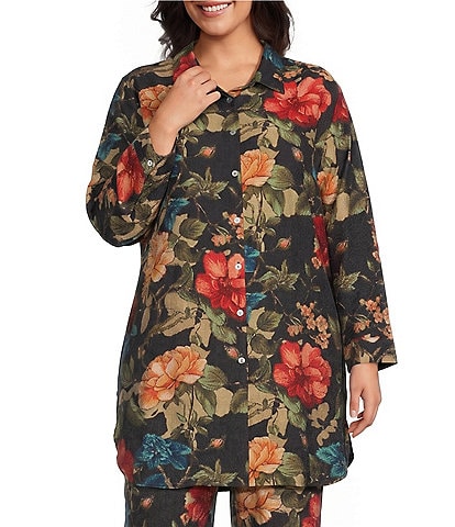Calessa Plus Size Woven Floral Print Collar Long Sleeve Button Front Coordinating Tunic