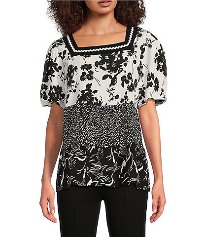 Calessa Woven Floral Print Square Neck Cap Sleeve Ruffle Pullover Top