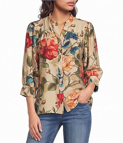 Calessa Woven Floral Split V-Neck 3/4 Cuffed Sleeve Button Front Coordinating Blouse