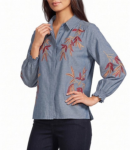 Calessa Woven Leaf Embroidery Point Collar 3/4 Sleeve Button Front Shirt