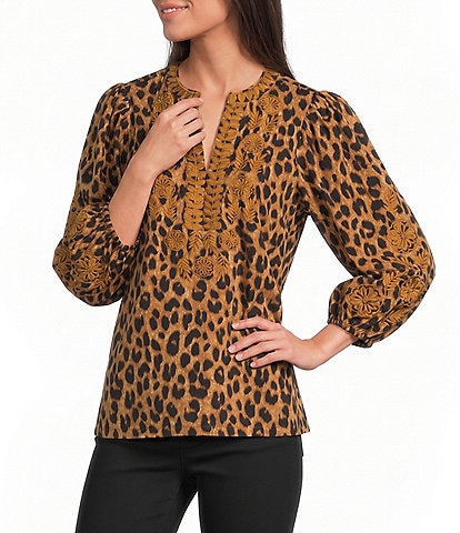 Calessa Woven Leopard Print Embroidered Trim Split V-Neck 3/4 Sleeve Tunic