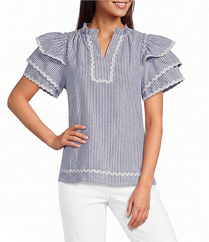 Calessa Woven Split Stand Round Neck Short Layered Sleeve Tunic
