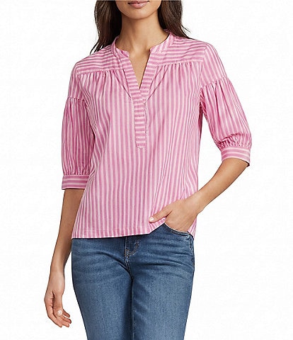 Calessa Woven Stripe Split V-Neck Elbow Length Sleeve Tunic