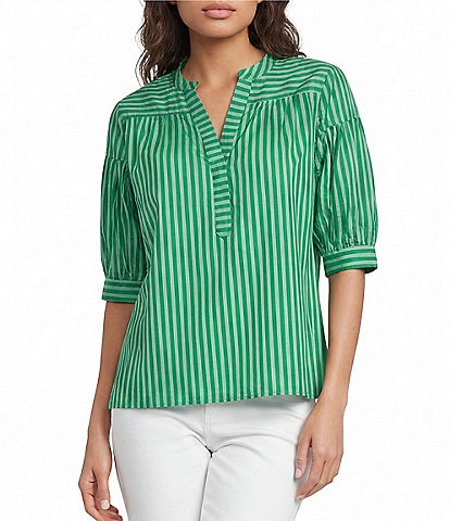 Calessa Woven Stripe Split V-Neck Elbow Length Sleeve Tunic