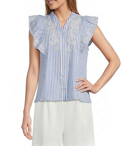 Calessa Woven Stripe Split-V-Neck Ruffle Cap Sleeve Embroidered Button-Front Tunic