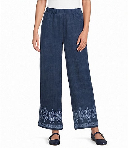 Calessa Woven Wide Leg Embroidered Hem Pull-On Coordinating Pants