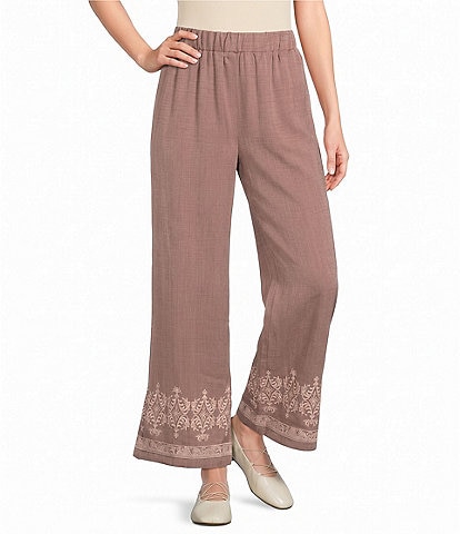 Calessa Woven Wide Leg Embroidered Hem Pull-On Coordinating Pants