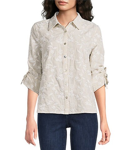 Calessa Woven Yarn Dye Stripe Embroidered Point Collar 3/4 Roll-Tab Sleeve Button Front Tunic