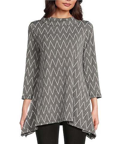 Calessa Yarn-Dye Knit Herringbone Funnel Neck Bracelet Sleeve Tunic