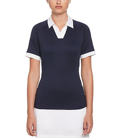 Callaway Stretch Knit Color Block V-Placket Short Sleeve Golf Polo Shirt