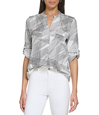 Calvin Klein Abstract Line Print Split V-Neck Long Roll-Tab Sleeve Button Front Blouse