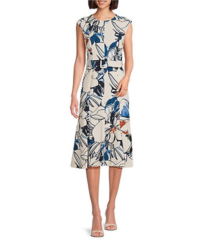 Calvin Klein Abstract Print Crew Neck Short Sleeve Belted A-Line Midi Dress