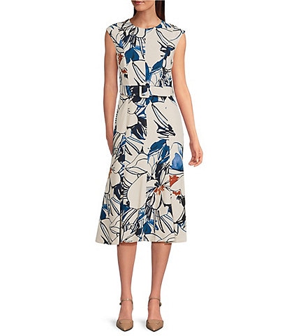 Calvin Klein Abstract Print Crew Neck Short Sleeve Belted A-Line Midi Dress