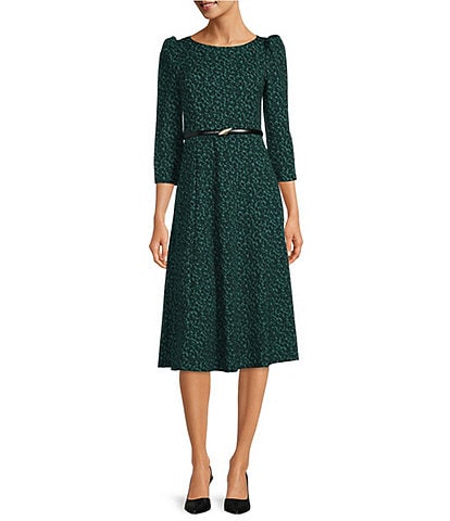 Calvin Klein Abstract Print Scuba Crepe Round Neck 3/4 Sleeve Belted Midi Dress