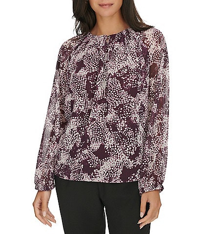 Calvin Klein Abstract Printed Chiffon Crew Neck Long Sleeve Top