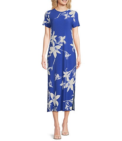 Calvin Klein Allover Floral Print Crew Neck Short Sleeve Sheath Dress