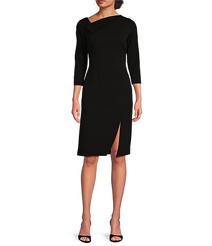 Calvin Klein Asymmetric Fold Over Neck Front Slit 3/4 Sleeve Sheath Dress