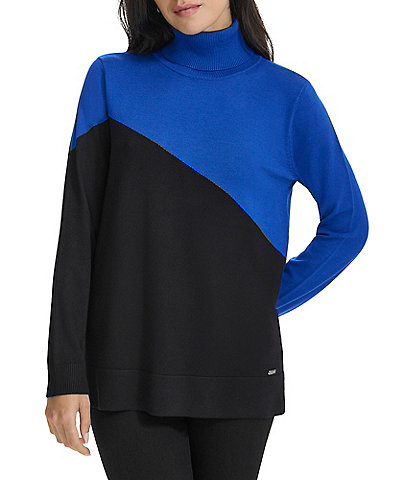 Calvin Klein Asymmetrical Color Block Turtleneck Long Sleeve Sweater