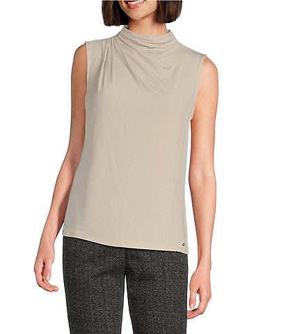 Calvin Klein Asymmetrical Draped Mock Neck Sleeveless Top